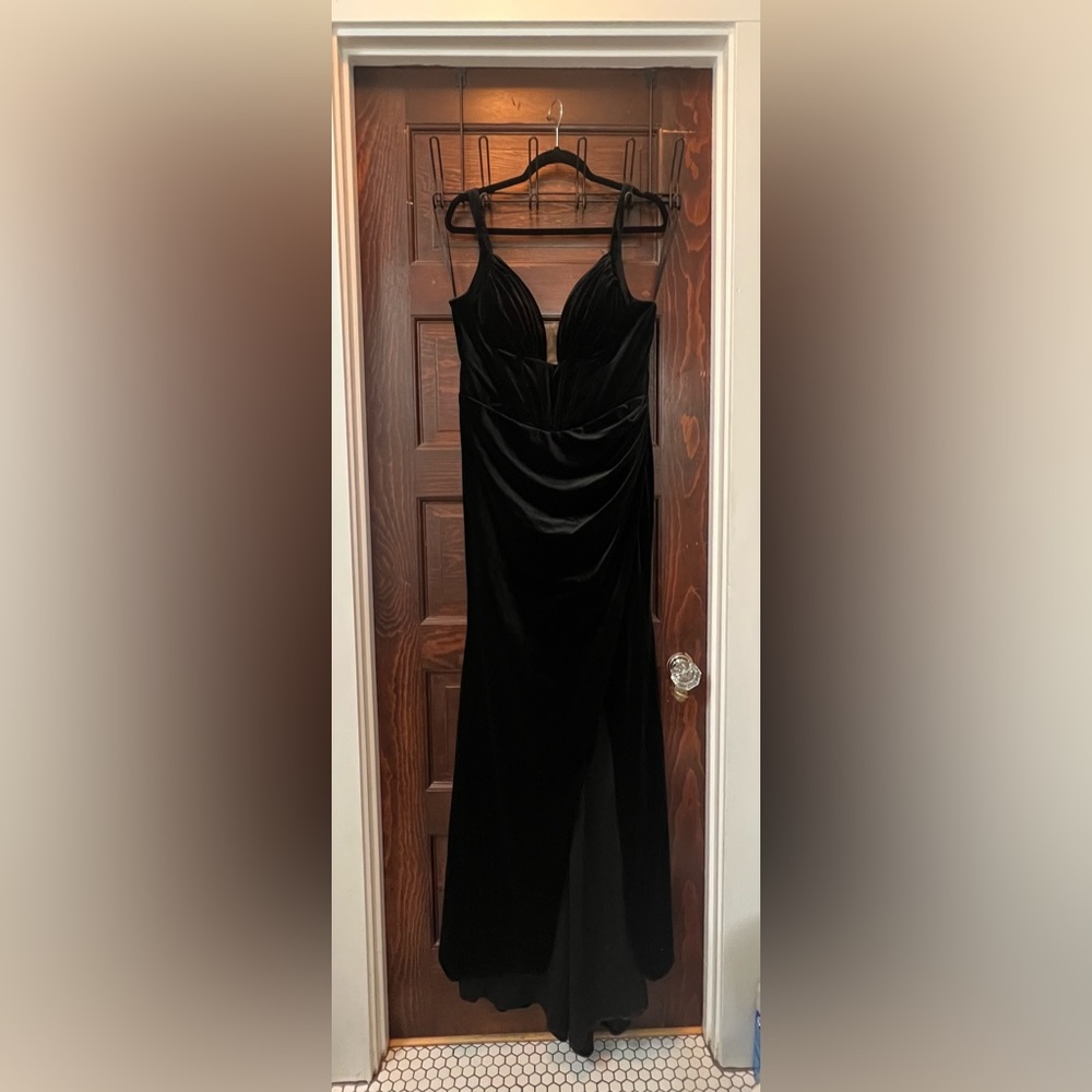 Inky Black Velvet Vneck gown, hi slit think Morticia Adams glam/Elviras neckline